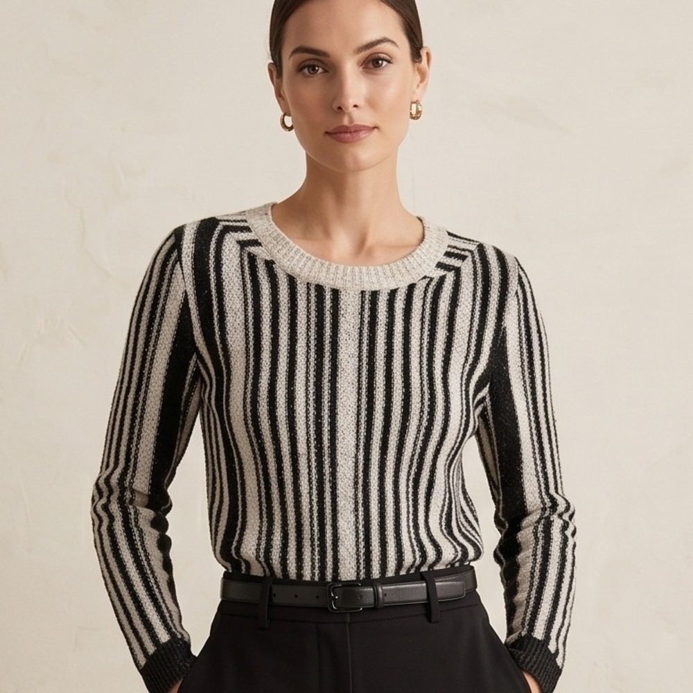 Antonio Melani M Striped Crewneck Sweater Black White Wool Blend Knit Medium